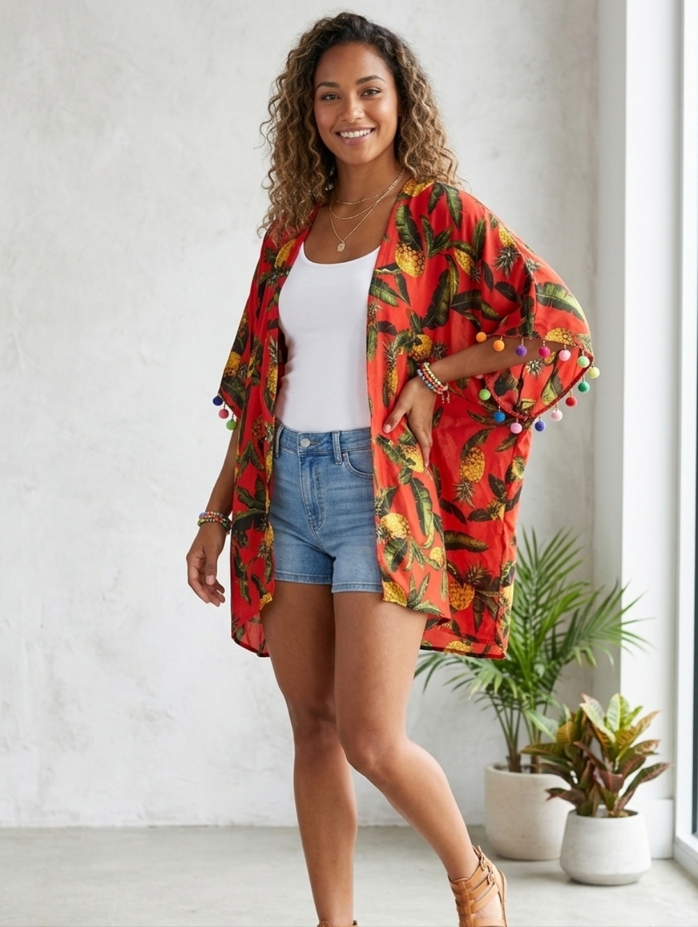 Gianni Bini Red Tropical Pineapple Pom-Pom Kimono Oversize